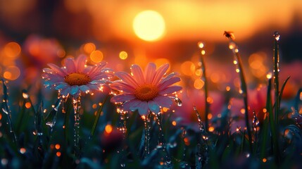 Wall Mural - Dewdrops Glisten on Pink Flowers at Sunset