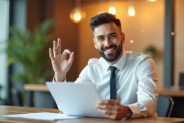 Confident businessman with beard and white shirt showing OK gesture, using digital tablet in modern office, professional work environment, warm lighting, business success concept
