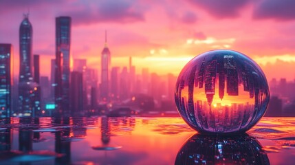 Wall Mural - Cityscape Reflected In Crystal Ball Sunset View