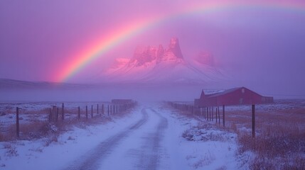 Wall Mural - Winter Landscape Rainbow Over Snowy Mountains And Barn