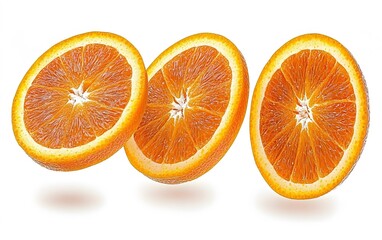 Wall Mural - Three Slices of Juicy Orange Fruit Rotating in Air