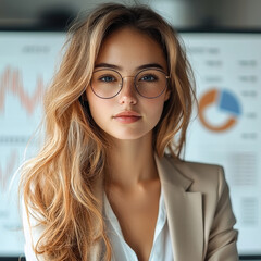 Poster - A young modern businesswoman is in a white room, there are statistical graphs in background and looks thoughtfully.