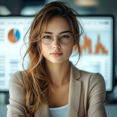 Poster - A young modern businesswoman is in a white room, there are statistical graphs in background and looks thoughtfully.