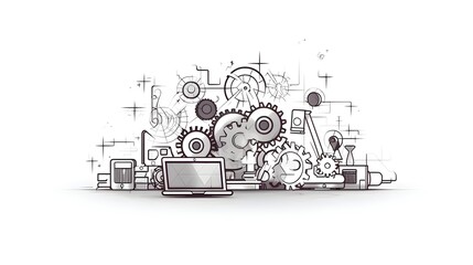 Collection of engineering themed icons including a coding terminal software script and gear icons displayed on a clean minimalist white background