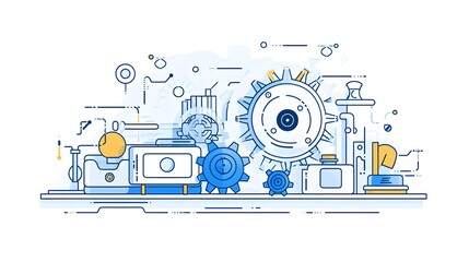 A collection of sleek and minimalist engineering themed icons and symbols including a coding terminal software script and gear icons set against a clean white background