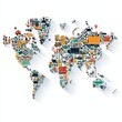 © Pornnapha - Colorful World Map Filled with Icons Representing Transportation, Logistics, and Global Trade Elements