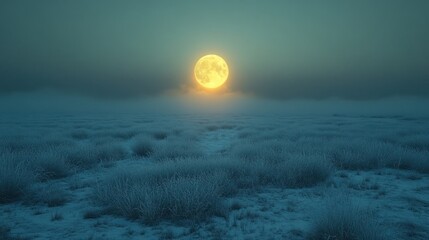 Wall Mural - Frosty Field Underneath A Large Yellow Moon