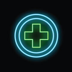 Wall Mural - Green neon cross is glowing inside a blue neon circle on a black background