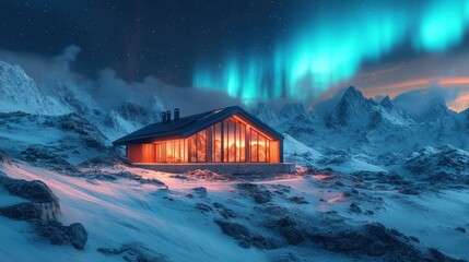 Wall Mural - Modern Cabin nestled in snowy mountains under aurora borealis