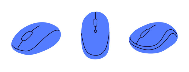 set of hand draw computer mouse with scroll wheel and buttons.computer accessory in colored doodle s