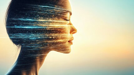 Aufkleber - Ethereal Profile of Woman with Dynamic Light Patterns and Vibrant Background in Soft Focus