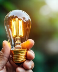 Aufkleber - Hand Holding Vintage Light Bulb with Warm Glow Against Nature Background for Innovative Lighting Ideas and Inspiration