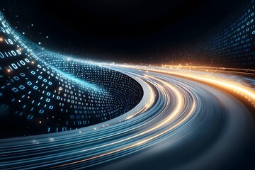 Dynamic Digital Waves Flowing with Glowing Binary Code and Lights