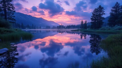 Wall Mural - Serene Mountain Lake Sunset Reflection Landscape