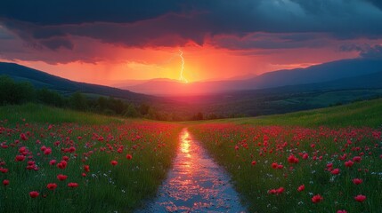 Wall Mural - Sunset Storm Over Poppy Field Landscape