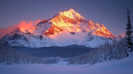 Wall Mural - Majestic snowcapped mountain glowing at sunset