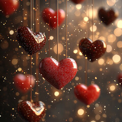Poster - 3D postcard for Valentine's Day. The hearts of red and chocolate are soared in the air. Background Blurred lights.