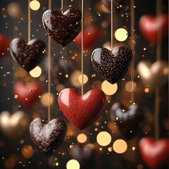 Poster - 3D postcard for Valentine's Day. The hearts of red and chocolate are soared in the air. Background Blurred lights.