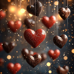 Poster - 3D postcard for Valentine's Day. The hearts of red and chocolate are soared in the air. Background Blurred lights.