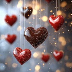 Poster - 3D postcard for Valentine's Day. The hearts of red and chocolate are soared in the air. Background Blurred lights.
