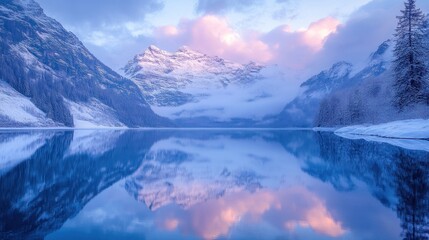 Wall Mural - Serene Winter Mountain Lake Reflecting Pastel Sky