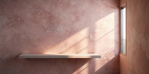 Wall Mural - Sunlit Shelf Against Textured Wall, Perfect for Product Display or Interior Design Inspiration