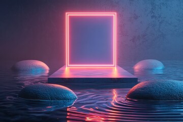 Glitch accents glow on a gradient digital frame encasing a rectangular podium, floating above smooth reflective stones with water ripples around.