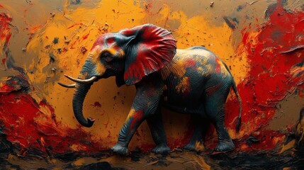 Wall Mural - Photorealistic image of a tiedye colored elephant with dynamic posture set against a swirling inkblot background with vivid red and yellow splashes frozen in time around him