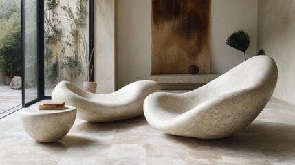 Wall Mural - Modern organic stone chairs and table in minimalist room