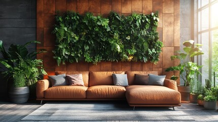 Wall Mural - Modern Living Room with Lush Vertical Garden and Leather Sofa