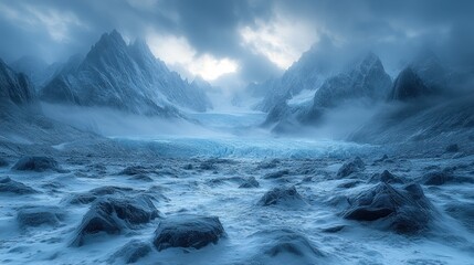 Wall Mural - Glacial Valley Surrounded By Majestic Snowy Mountains