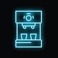 Canvas Print - Blue glowing neon icon of a coffee machine preparing two cups of coffee on a black background