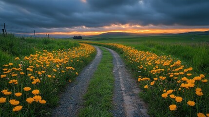 Wall Mural - Country Road Lined With Vibrant Yellow Flowers At Sunset