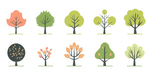 Set of tree and leaf collection hand drawn flat design vector element. botanical set of cute green trees for children illustration, game assets poster invitation