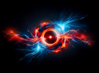 Aufkleber - Abstract swirling energy forms in vibrant red and blue hues, converging around a central dark core.  A dynamic display of contrasting colors and motion.