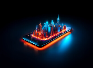 Poster - A futuristic cityscape, rendered in vibrant neon blue and orange, sits atop a sleek smartphone, suggesting the convergence of technology and urban life.  The scene is dark, highlighting the glowing me