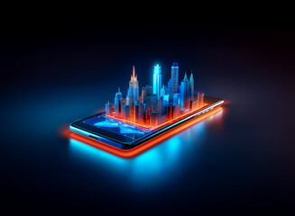 Poster - A vibrant, futuristic cityscape emerges from a smartphone screen, illuminated by neon blue and orange light.  The digital metropolis showcases advanced technology and urban development.