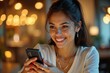 © Premium Illustration - Young smiling woman with long dark hair wearing white shirt using smartphone texting at cozy warm indoor cafe evening ambiance communication social media lifestyle technology
