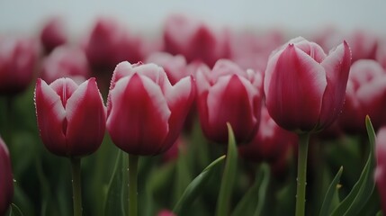 Canvas Print - Stunning Closeup of Dewy Pink and White Tulips