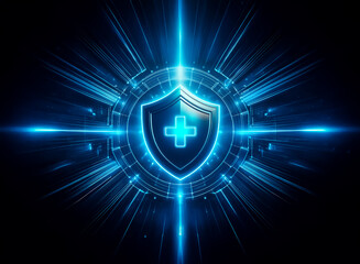 Aufkleber - A glowing blue shield with a plus sign at its center, encircled by a futuristic technological interface, radiates energy, symbolizing digital health security and protection.