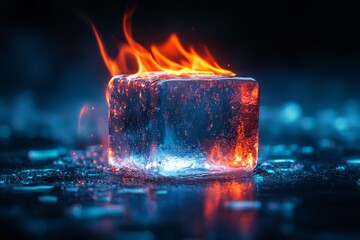 Poster - Ice cube on fire in a dark, mystic environment with vibrant colors and glowing reflections