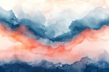 Aufkleber - Vibrant watercolor painting showcasing a soft blend of blues and warm peach tones in an abstract cloud formation