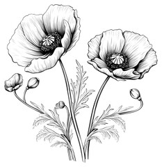 Sticker - PNG Black and white Poppy illustration drawing flowers.