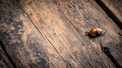 Canvas Print - Snail Crawling on Rustic Wooden Surface