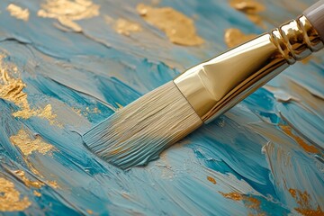 Poster - Brush applying blue paint on textured art canvas with metallic accents during a creative session
