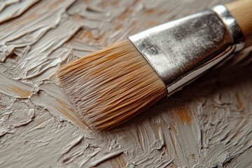 Poster - Brush applying textured paint on canvas in a creative art studio setting during afternoon light