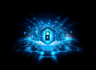 Poster - Glowing blue padlock icon at the center of a hexagonal digital network, representing cybersecurity and data protection.  The image conveys a sense of security and technological advancement.