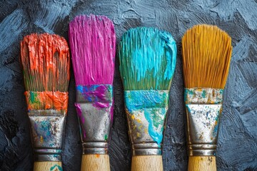 Poster - Vibrant paintbrushes lined up showcasing various bright colors against a textured black background