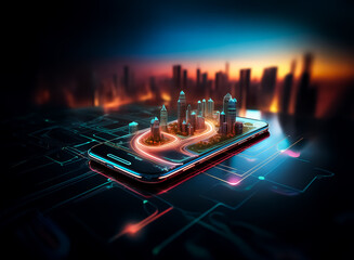 Poster - A miniature city glows vibrantly on a smartphone screen, symbolizing the interconnectedness of modern urban life and technology.  The scene is set against a blurred cityscape at sunset.
