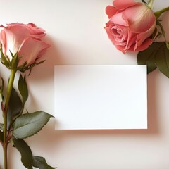 Aufkleber - Elegant arrangement of pink roses framing an empty card for personalized messages or invitations. Generative AI